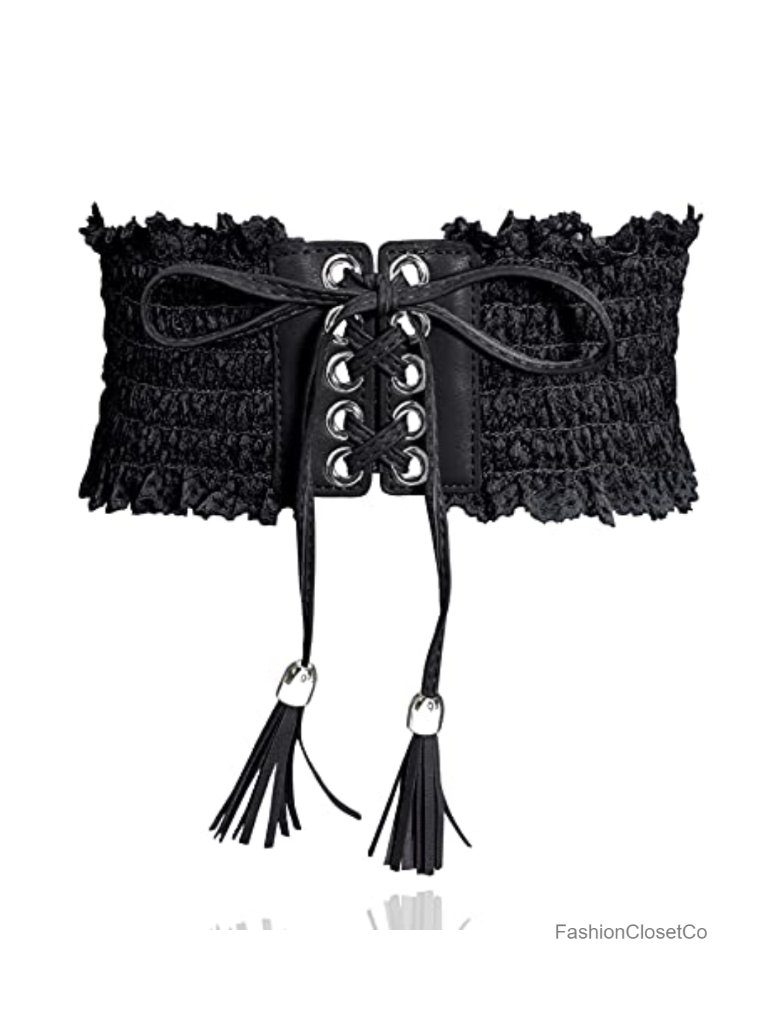 Adjustable Faux Leather Lace Tassel Obi Cinch Waist Belt